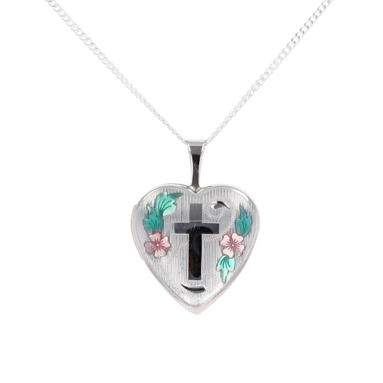 Silver Floral And Cross Heart Locket And Chain 18" by Icesia