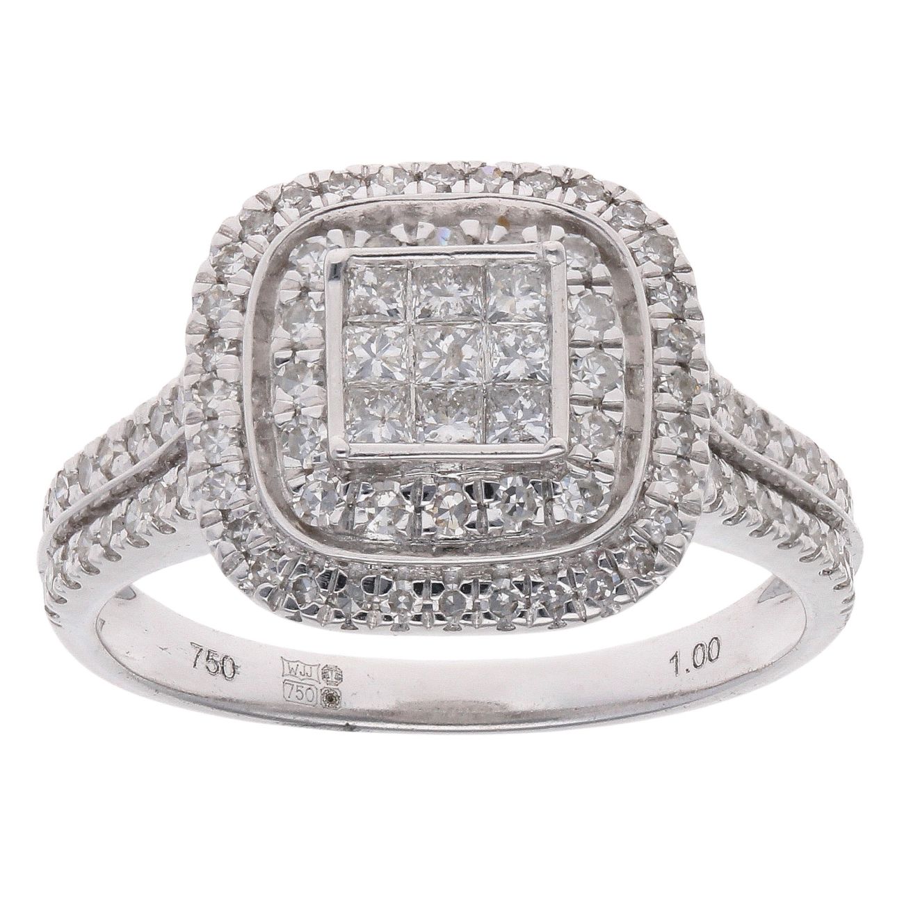 18ct White Gold 1.00ct Princess And Brilliant Cut Diamond Cluster Ring