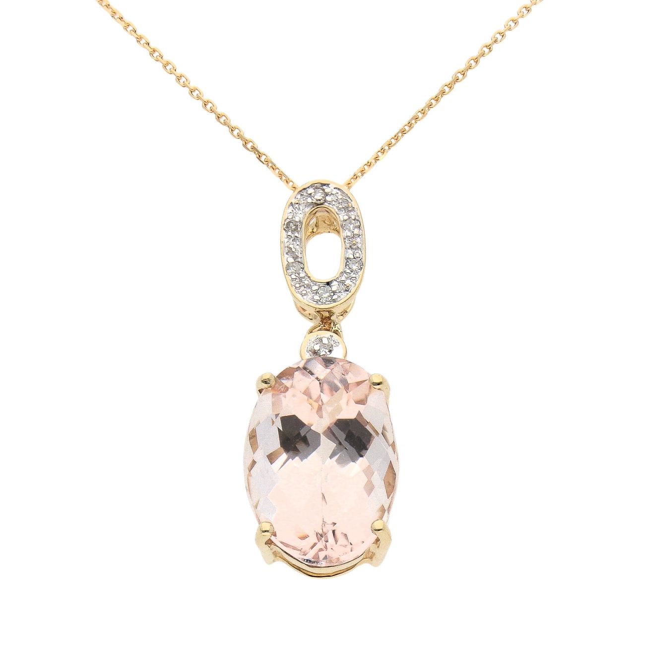 9ct Yellow Gold 0.05ct Diamond And Morganite Pendant And Chain 18"