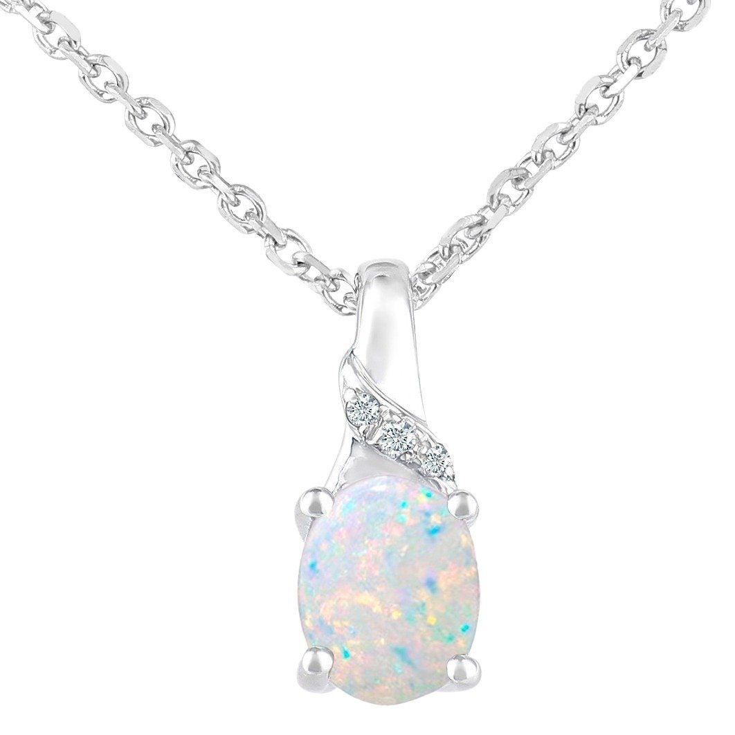 9ct White Gold Oval Opal and Diamond Pendant Necklace