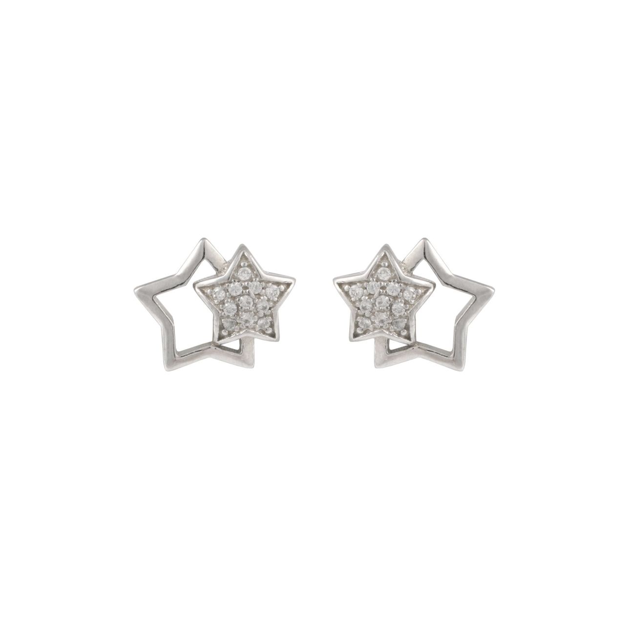 Sterling Silver Double Star Pavé Cubic Zirconia Stud Earrings