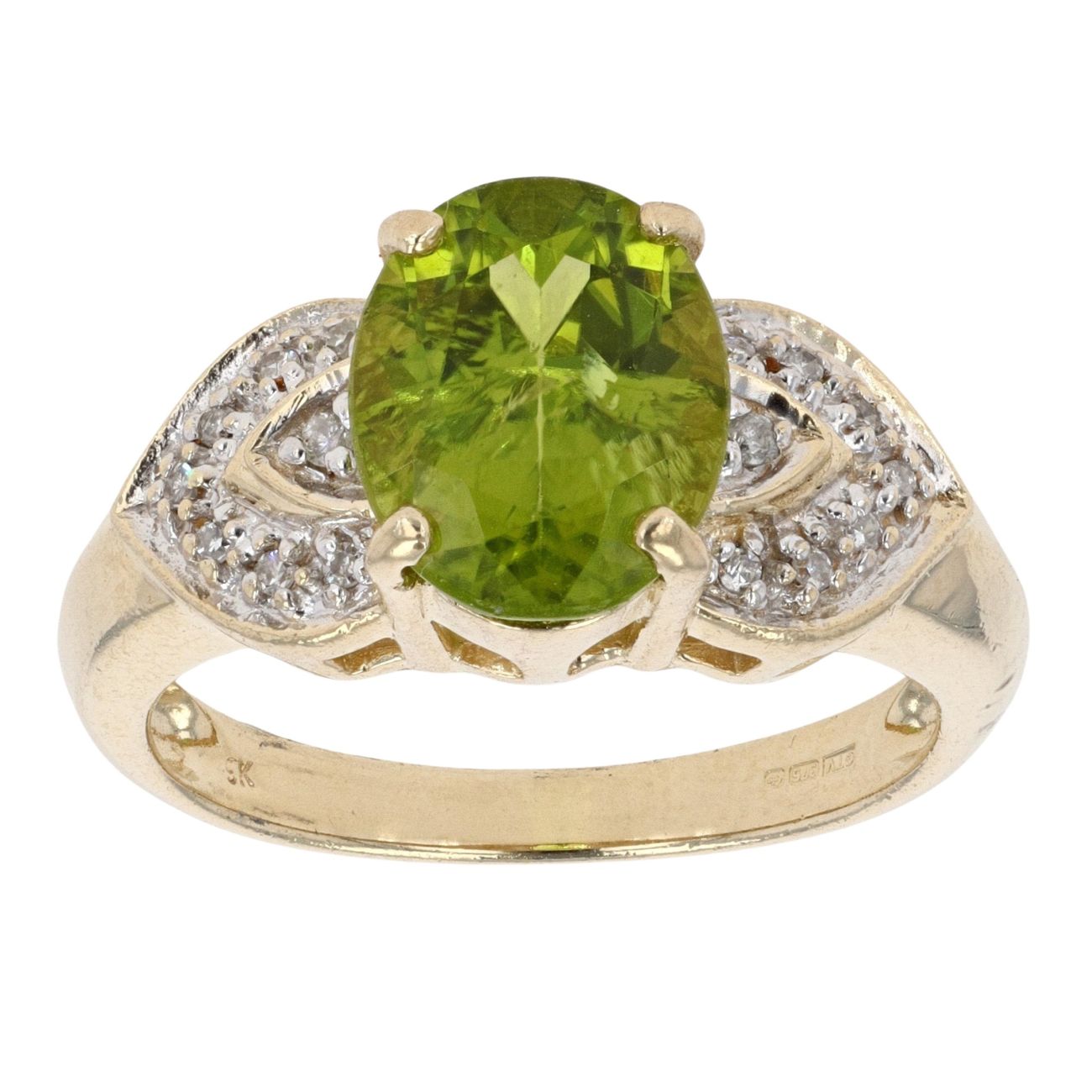 9ct Yellow Gold Green Gemstone and 0.10ct Diamond Dress Ring