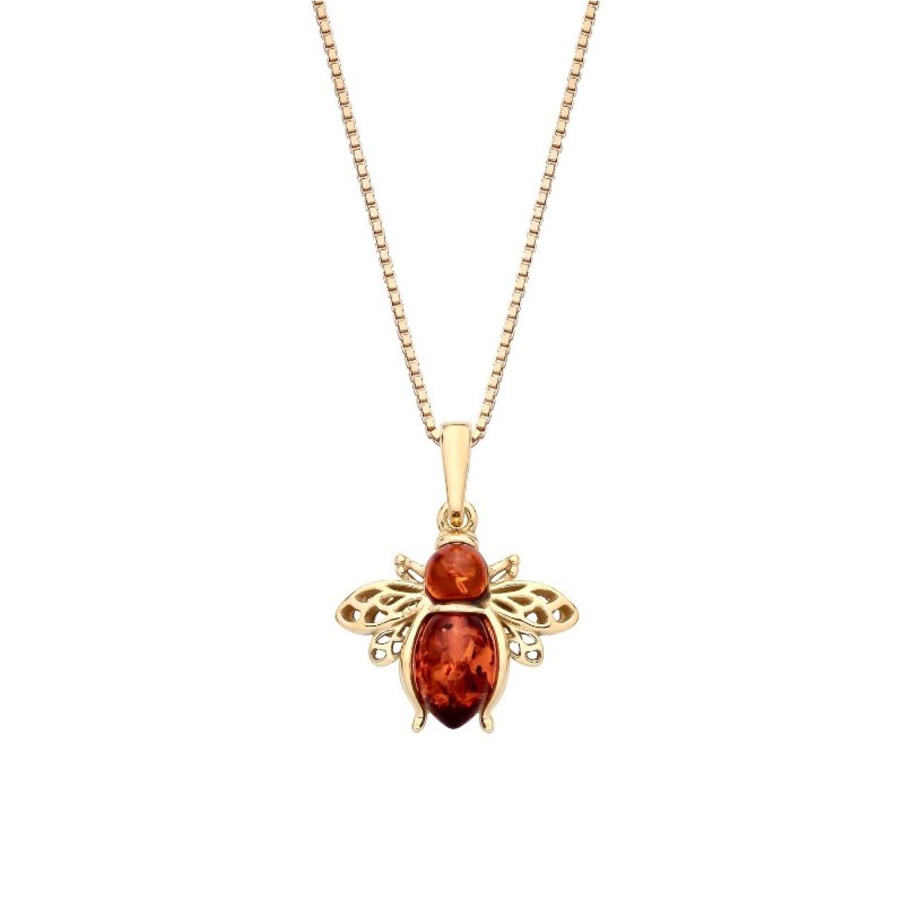 18ct Yellow Gold on Sterling Silver Baltic Amber Bumblebee Pendant Necklace