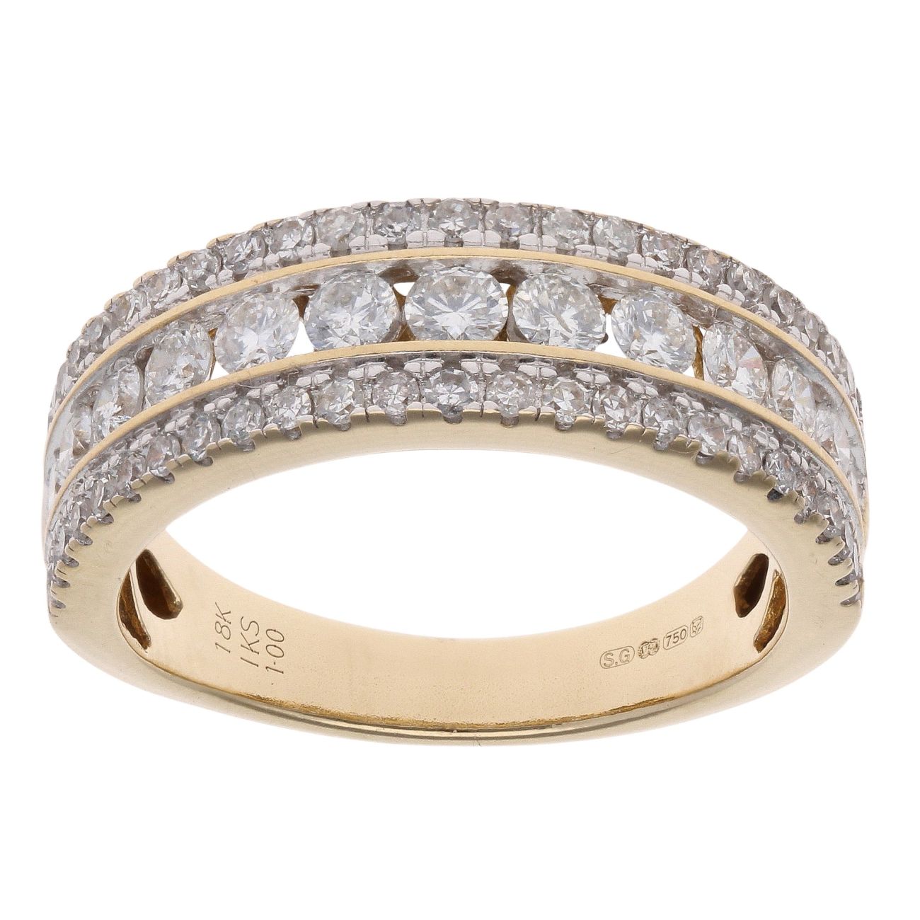18ct Yellow Gold 1.00ct Diamond Three Row Ring