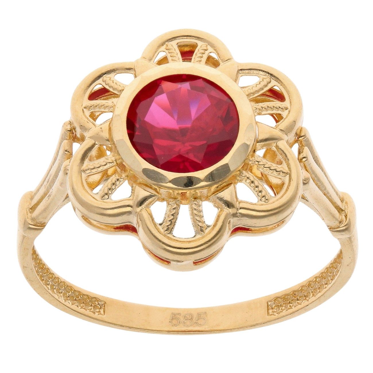 14ct Yellow Gold Red Gemstone Flower Ring