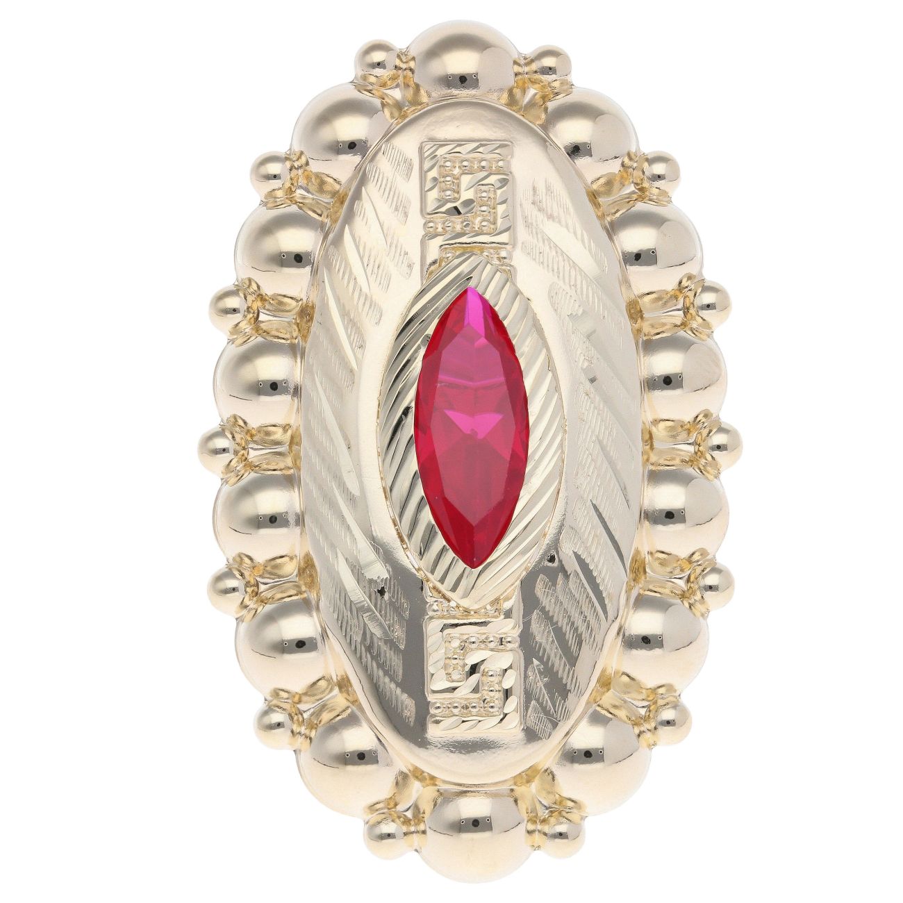 14ct Yellow Gold Red Gemstone Greek Key Patterned Marquise Ring