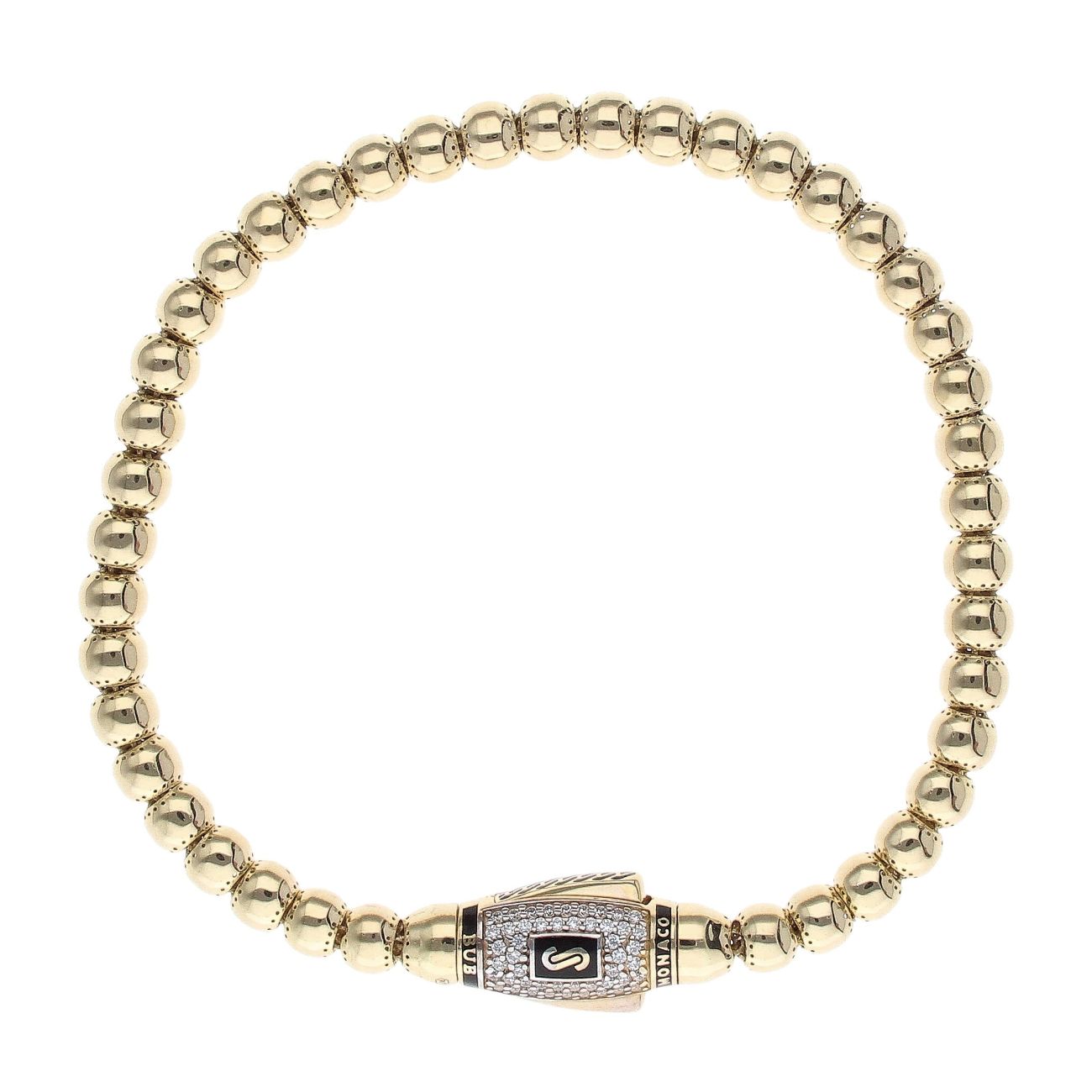 14ct Yellow Gold Monaco Bub Pave Lock Bead Bracelet 8"