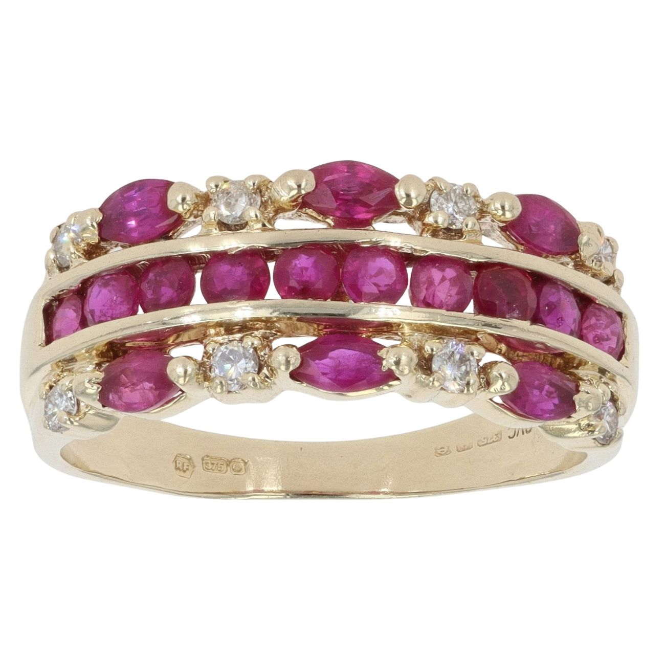 9ct Yellow Gold 0.15ct Diamond and Ruby Three Row Ring