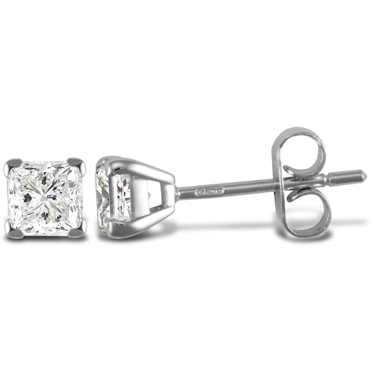 18 Carat White Gold 1.00ct Princess Cut 4 Claw Diamond Stud Earrings