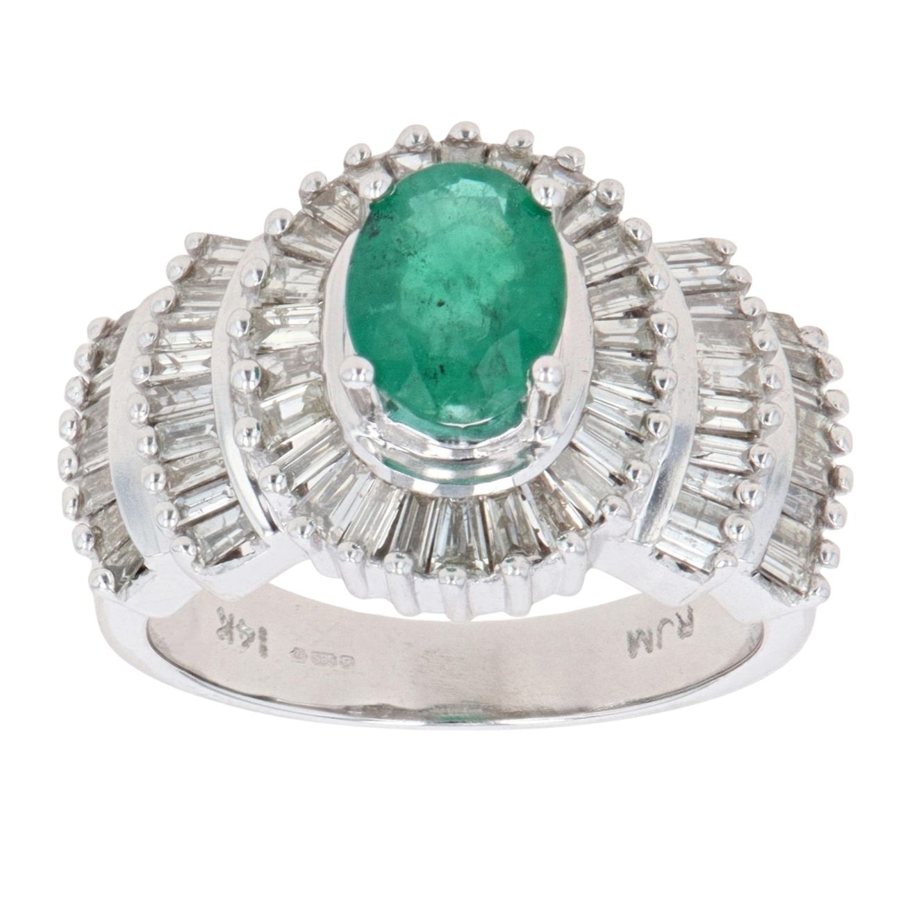 14ct White Gold 1.25ct Baguette Cut Diamond And Emerald Cluster Ring