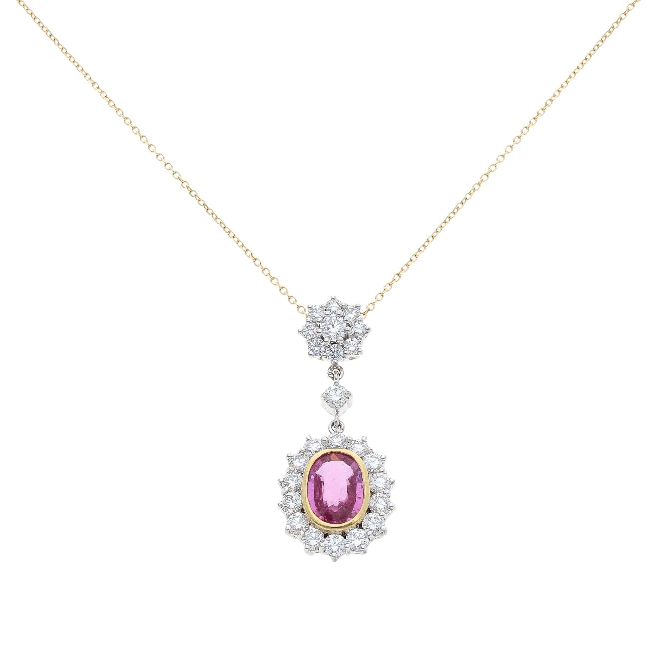 18ct Yellow And White Gold Pink Sapphire Cluster Pendant And Chain 18"