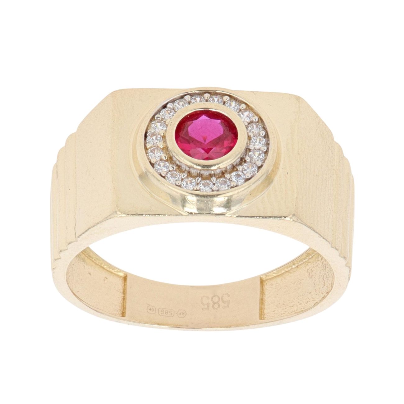 14ct Yellow Gold Cubic Zirconia And Created Ruby Signet Ring