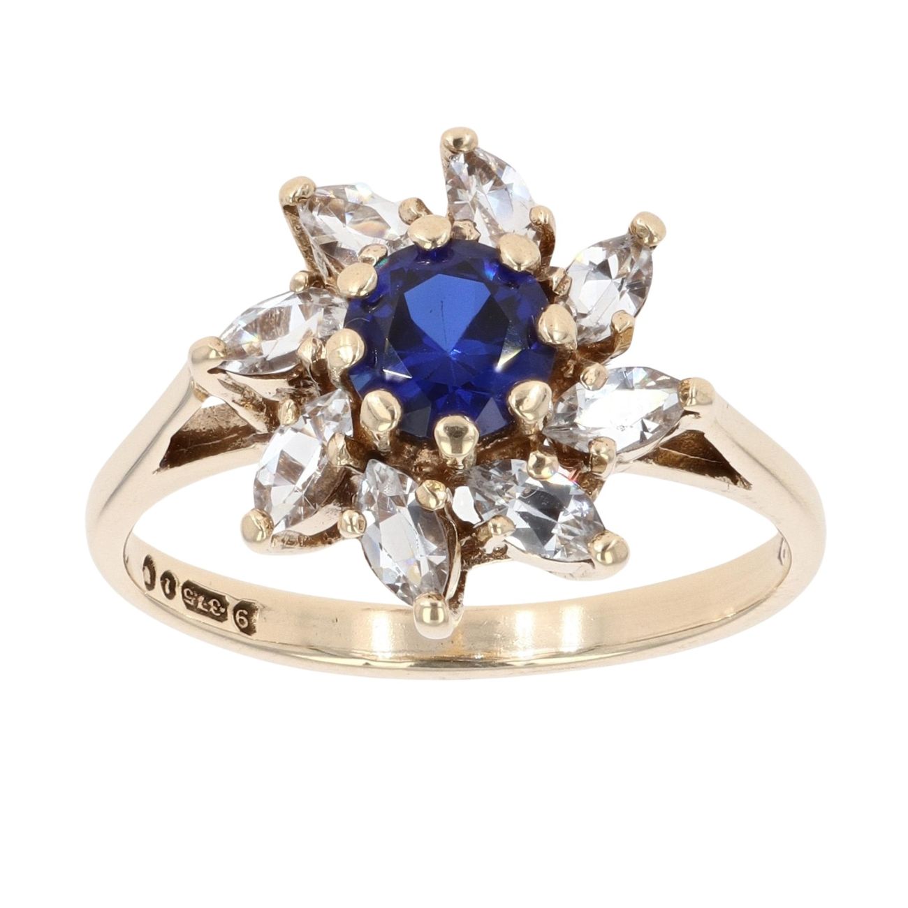9ct Yellow Gold Created Sapphire And Cubic Zirconia Cluster Ring