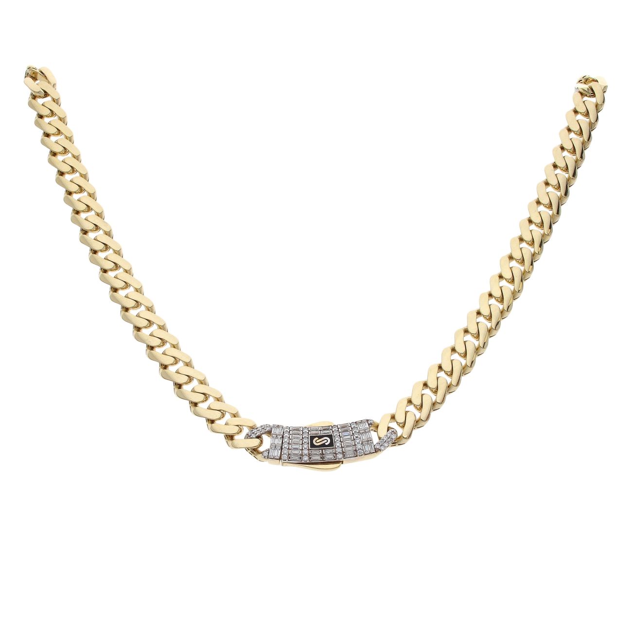 14ct Yellow Gold Monaco Classic Cubic Zirconia Baguette Pave Lock Curb Chain 20"