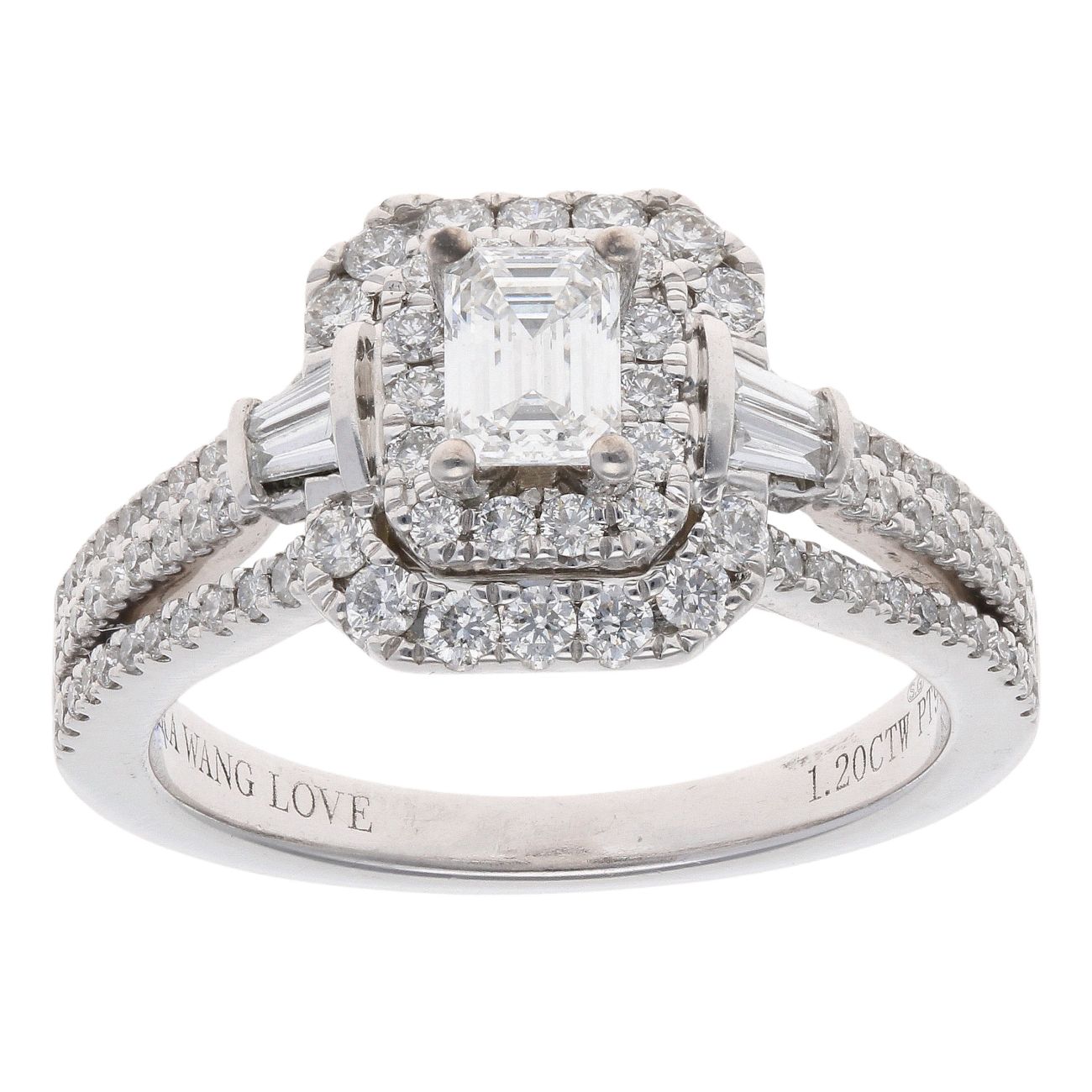 Vera Wang Platinum 1.20ct Emerald Baguette and Brilliant Cut Diamond Cluster Ring