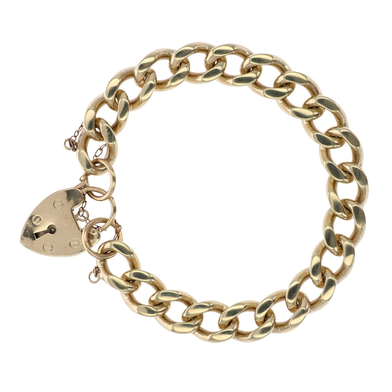 9ct Yellow Gold Heart Lock Charm Bracelet 7"