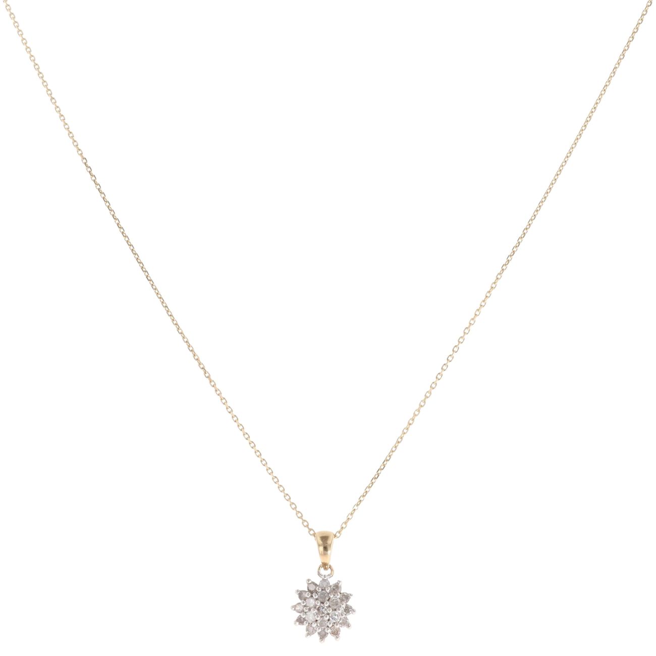 9ct Yellow Gold 0.15ct Brilliant Cut Diamond Cluster Pendant And Chain 18"