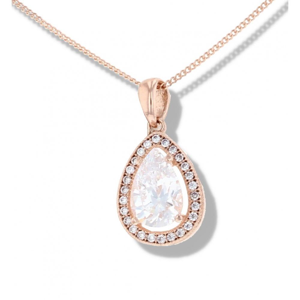 9ct Rose Gold Pear Shape Crystal Pendant And 16" Chain