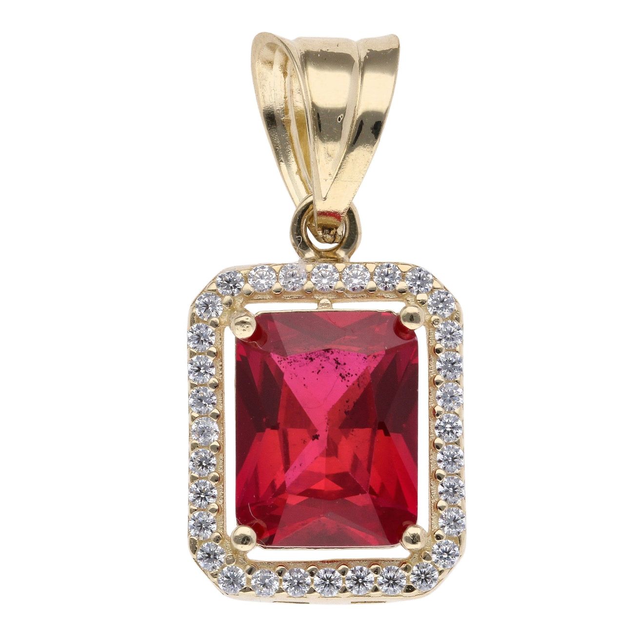 14ct Yellow Gold Cubic Zirconia And Red Gemstone Cluster Pendant