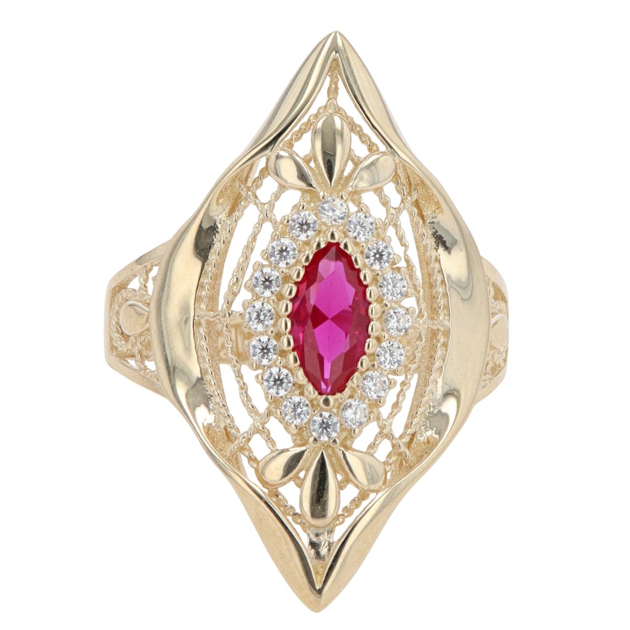 14ct Yellow Gold Cubic Zirconia and Red Gemstone Fancy Ring