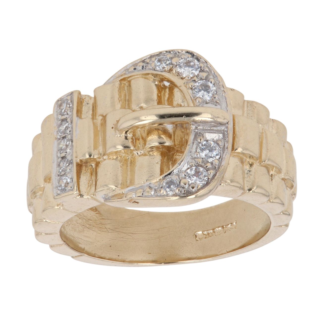 9ct Yellow Gold Cubic Zirconia Watch Strap Patterned Buckle Ring