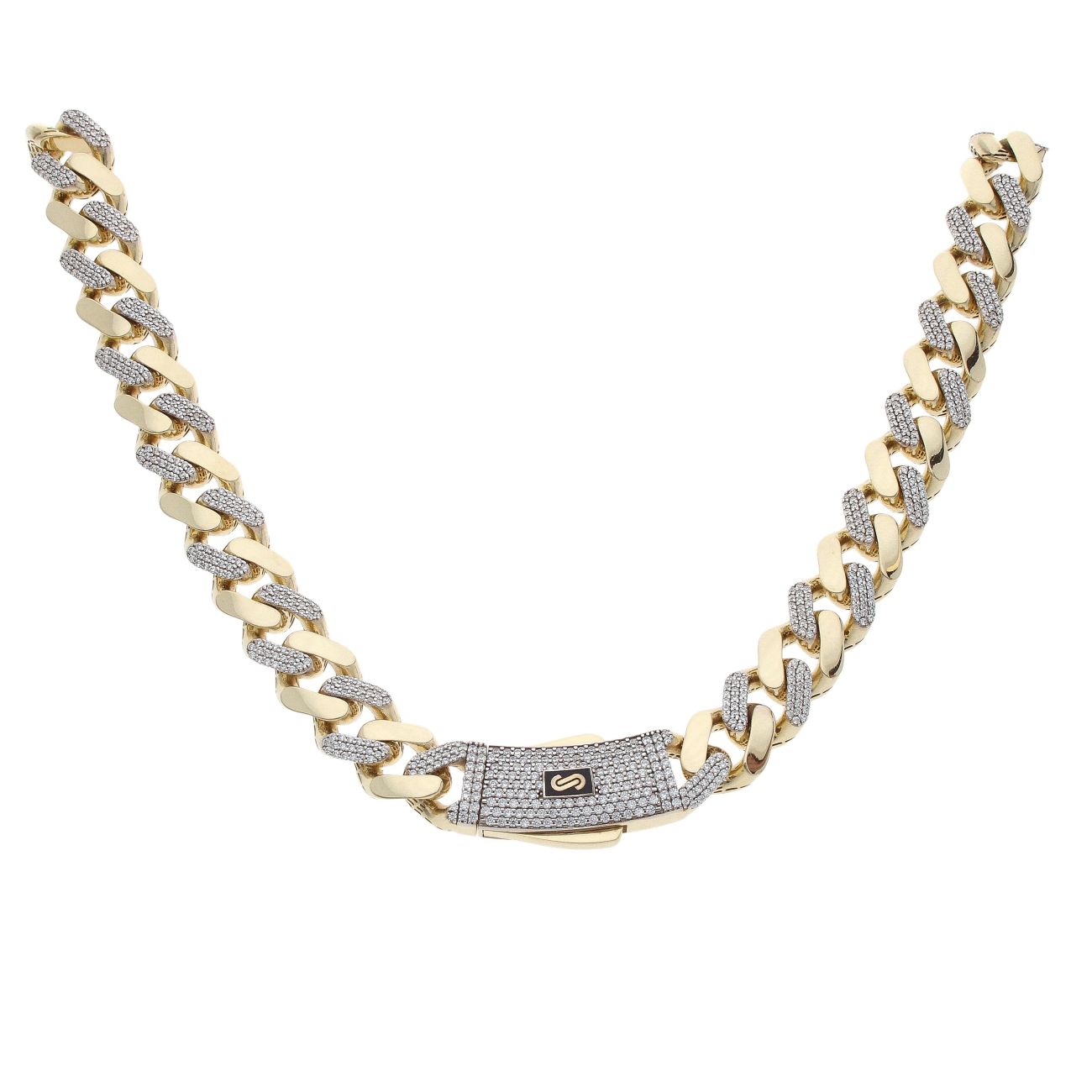 14ct Yellow Gold Monaco Classic Alternate Pave Lock Curb Chain 22"