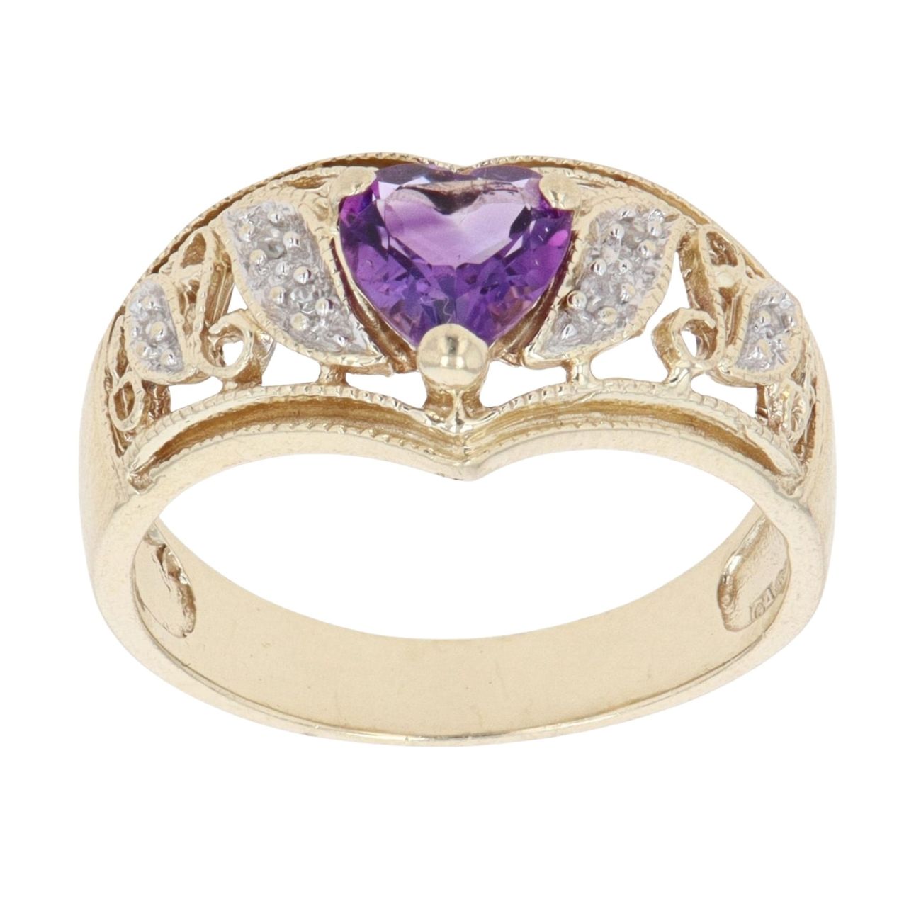 9ct Yellow Gold 0.05ct Diamond and Amethyst Heart Ring