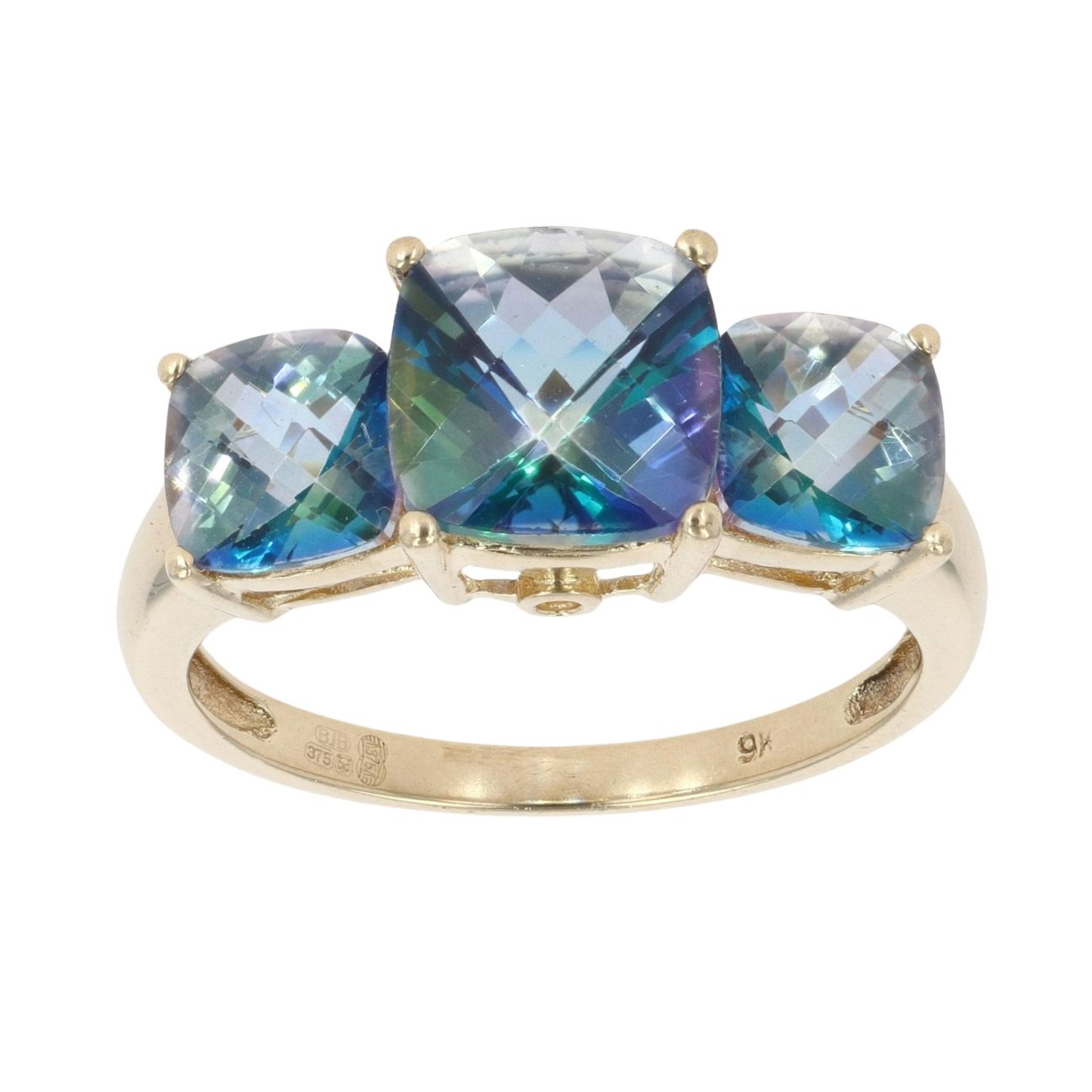 9ct Yellow Gold Blue Topaz Three Stone Dress Ring