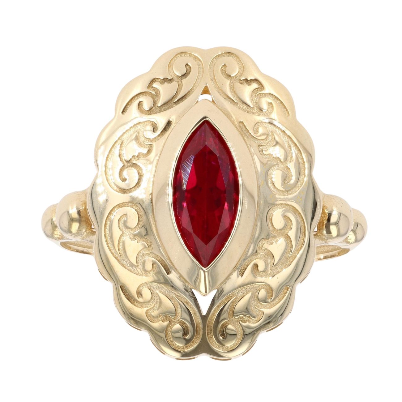 14ct Yellow Gold Red Gem Patterned Ring