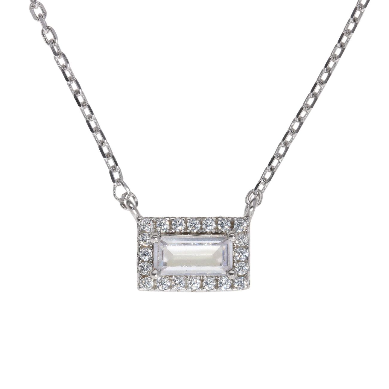 Silver Cubic Zirconia Rectangular Pendant and Chain 18"