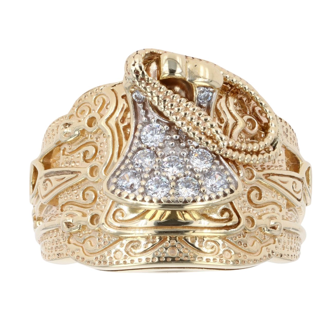 9ct Yellow Gold Cubic Zirconia Patterned Saddle Ring