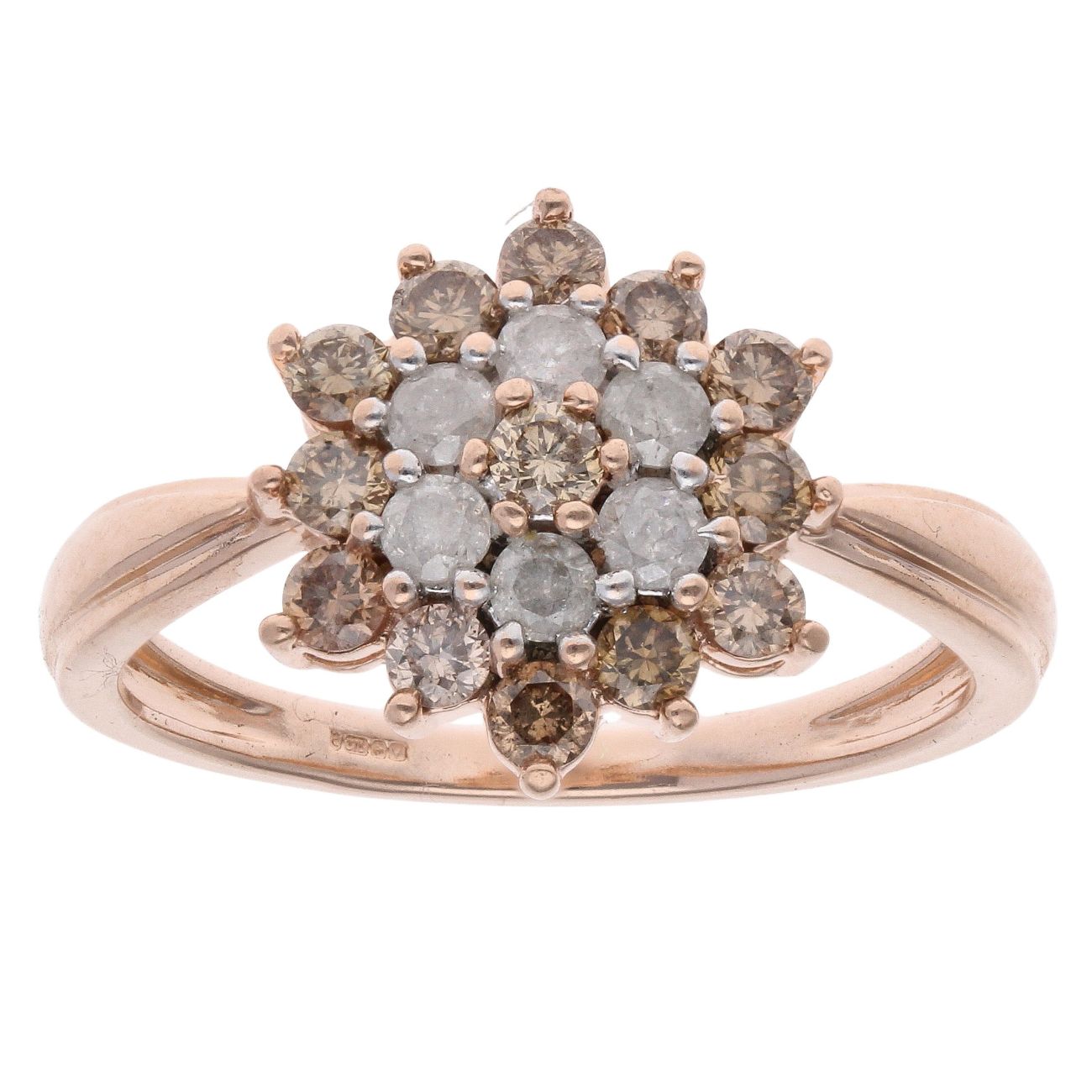 9ct Rose Gold 1.00ct Brilliant Cut Colourless And Brown Diamond Cluster Ring