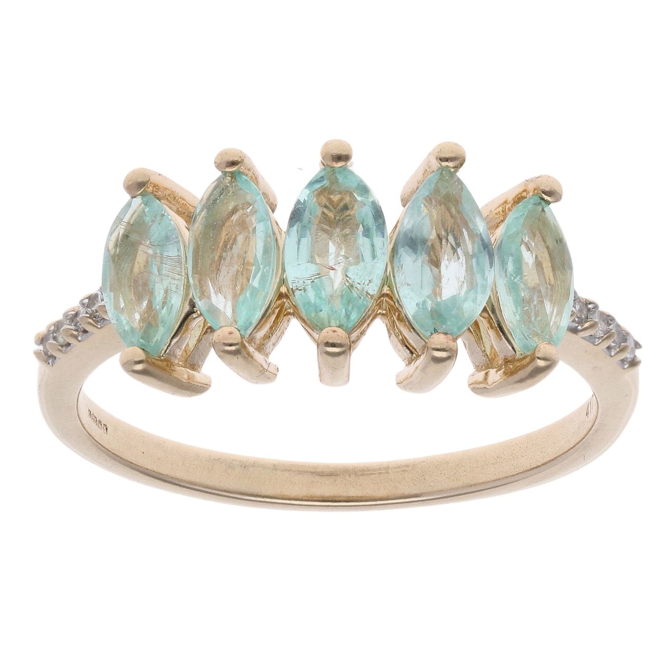 9ct Yellow Gold Green Gemstone and 0.05ct Diamond Five Stone Ring