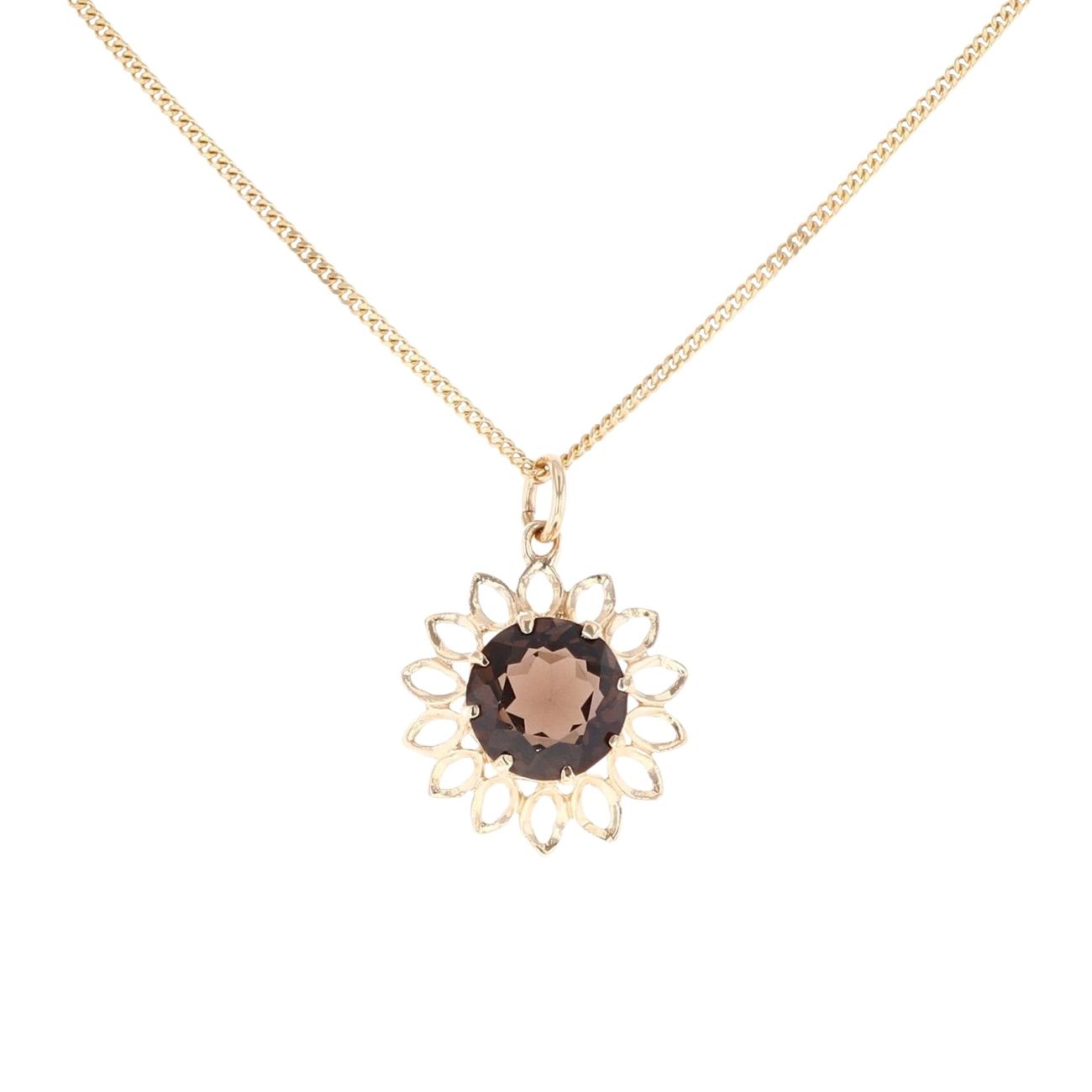 9ct Yellow Gold Smoky Quartz Pendant And Curb Chain 18"