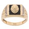 14ct Yellow and White Gold Cubic Zirconia and Black Enamel Lion Head Patterned Square Signet Ring