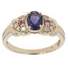 9ct Yellow Gold 0.10ct Diamond, Iolite and Pink Gemstone Dress Ring