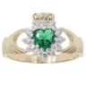 9ct Yellow Gold Cubic Zirconia and Green Gemstone Claddagh Ring